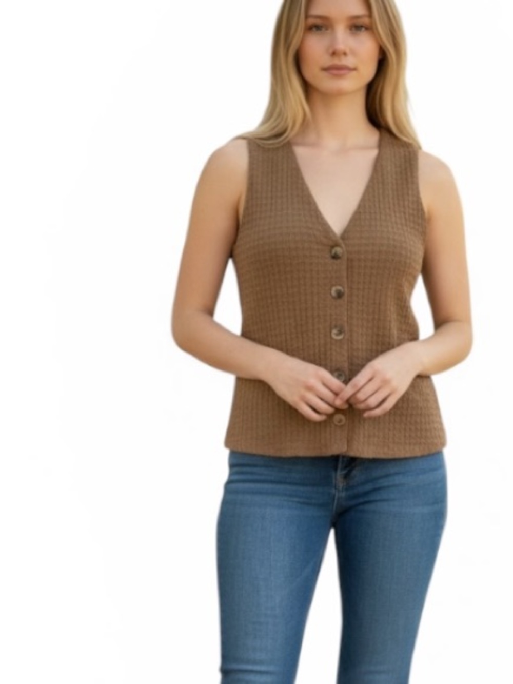 ••NWT Zara Mocha Knit Vest Brown Button Down V Neck Size Medium Textured
